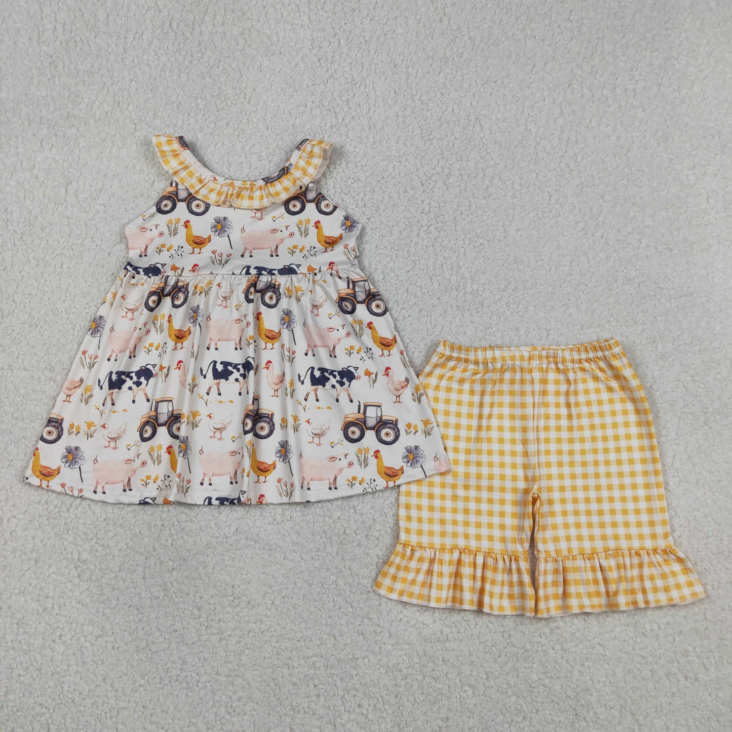 Sibling Baby Girls Pigs Cows Tunic Checked Ruffle Short Farm Clothes Set Rompers