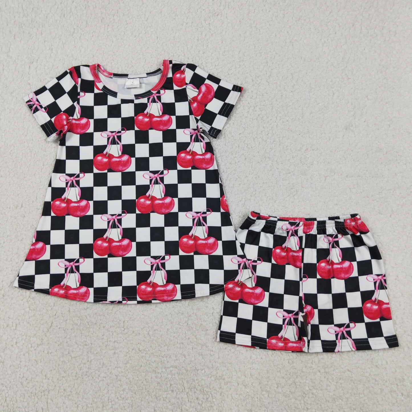 GSSO3075 Baby Girls Black Checked Cherry Tunic Short Clothes Set
