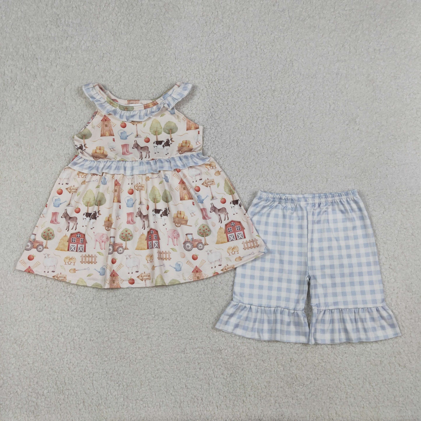 GSSO3077 Baby Girls Sleeveless Cows Pigs Tunic Checked Ruffle Short Farm Clothes Set