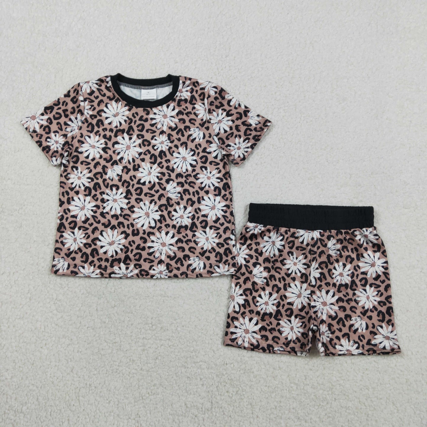 GSSO3079 Baby Girls Leopard Daisy Flowers Top Shorts Clothes Sets
