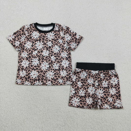 GSSO3079 Baby Girls Leopard Daisy Flowers Top Shorts Clothes Sets