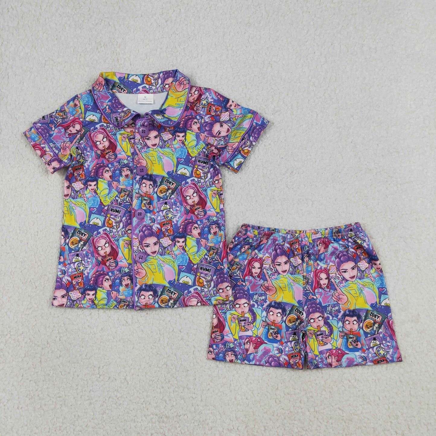 GSSO3087 Baby Girls Purple Cartoon Hunter Demon Button Top Short Pajamas Set