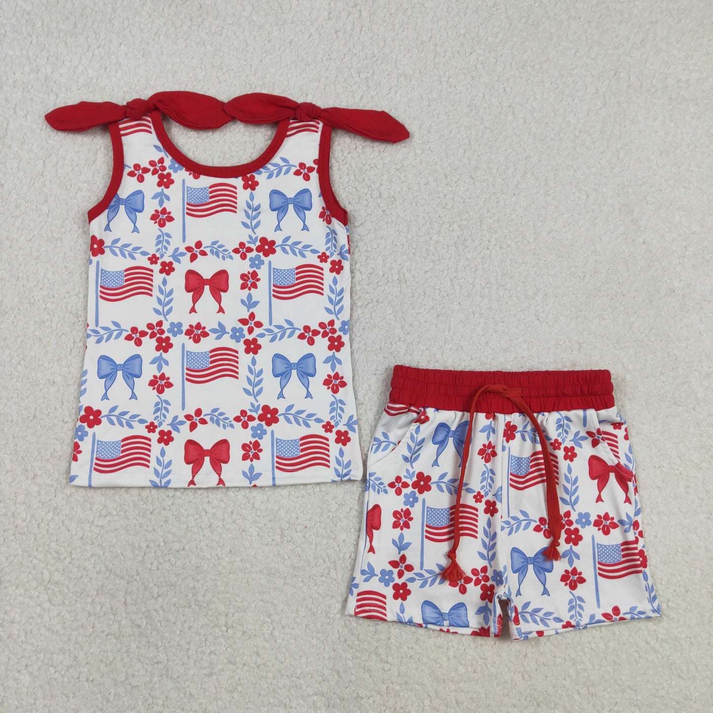 GSSO3094 Baby Girls Sleeveless Flag Flowers Top Pockets Short 4th of July Clothes Sets