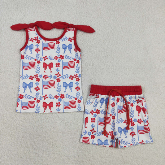 GSSO3094 Baby Girls Sleeveless Flag Flowers Top Pockets Short 4th of July Clothes Sets