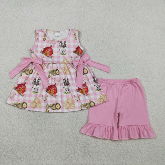 GSSO3100 Baby Girls Pink Checked House Cows Tunic Ruffle Shorts Farm Clothes Set