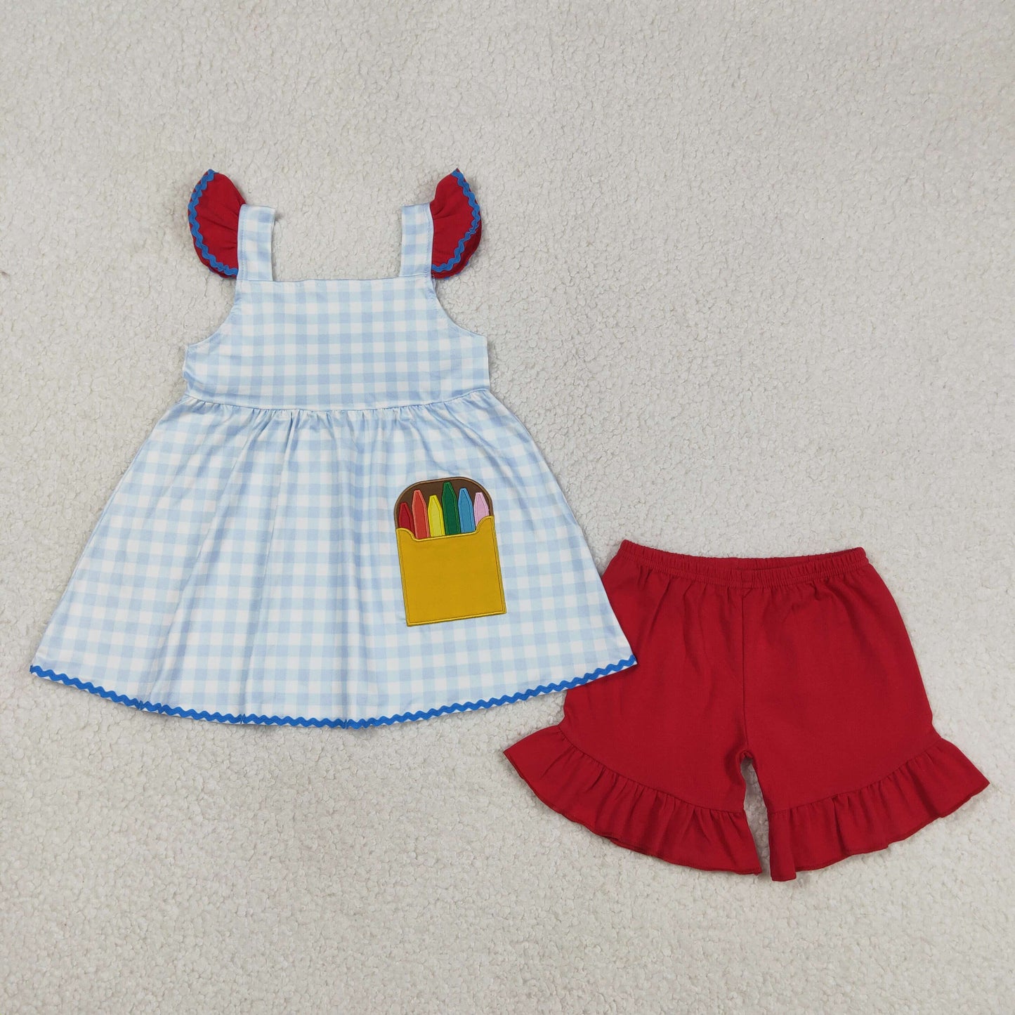 GSSO3101 Baby Girls Embroidery Pencils Tunic Ruffle Short Back to School Clothes Sets