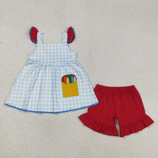 GSSO3101 Baby Girls Embroidery Pencils Tunic Ruffle Short Back to School Clothes Sets