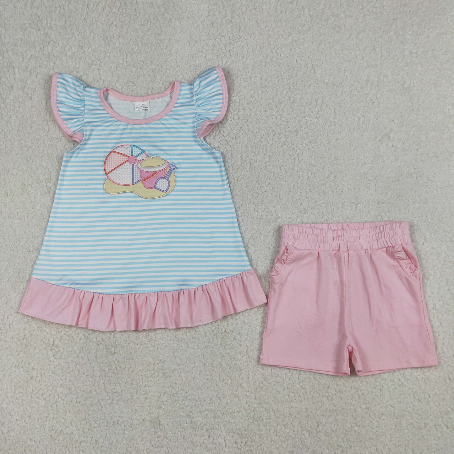 GSSO3109 Baby Girls Embroidery Beach Stripe Ruffle Tunic Short Clothes Set