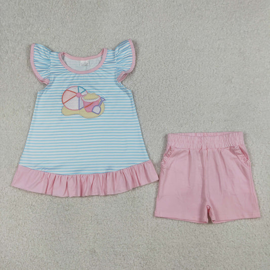 GSSO3109 Baby Girls Embroidery Beach Stripe Ruffle Tunic Short Clothes Set