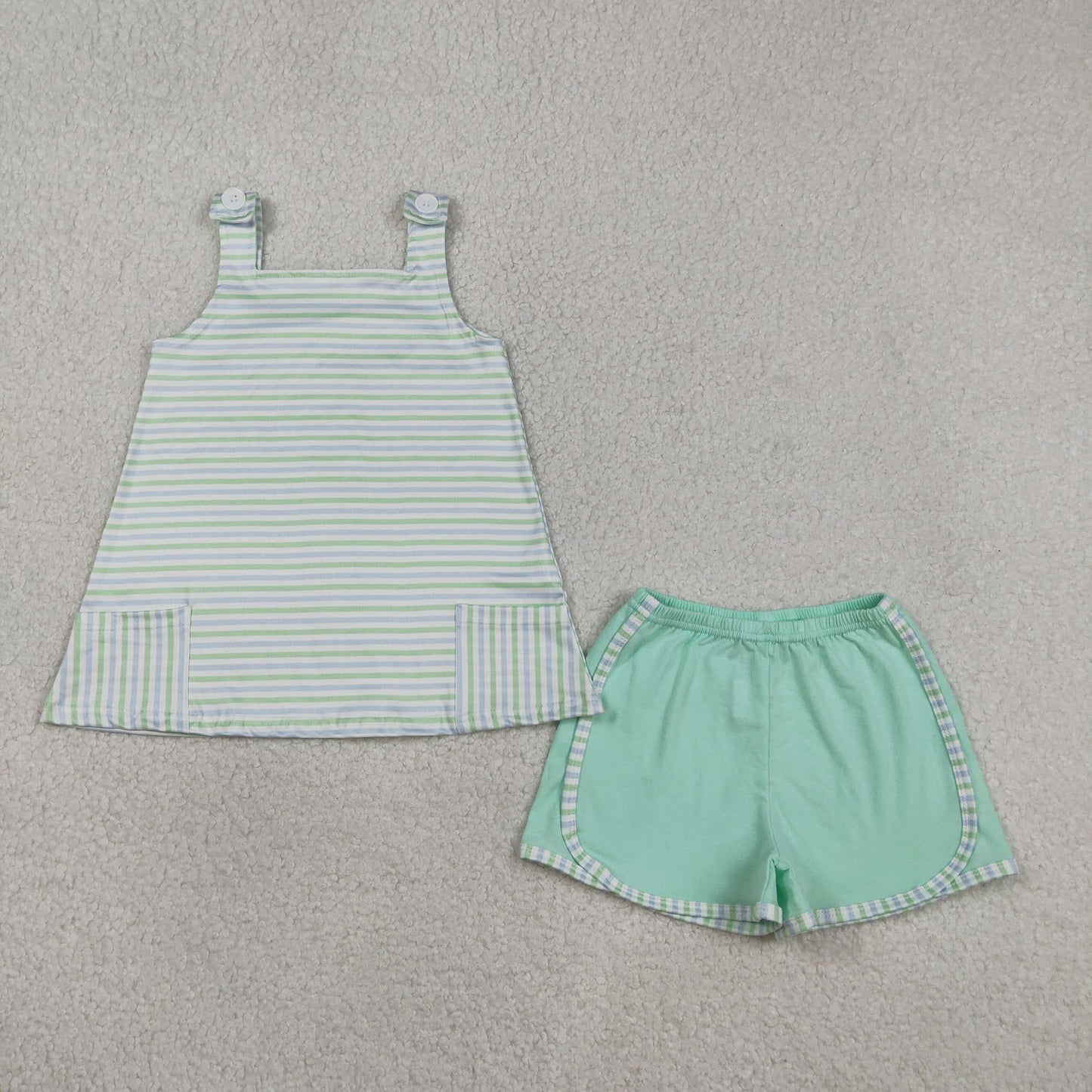 GSSO3110 Baby Girls Strap Aqua Stripe Pockets Tunic Shorts Clothes Set