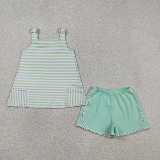 GSSO3110 Baby Girls Strap Aqua Stripe Pockets Tunic Shorts Clothes Set