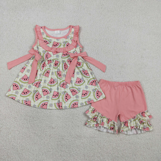 GSSO3118 Baby Girls Green Checked Watermelons Tunic Ruffle Shorts Clothes Set