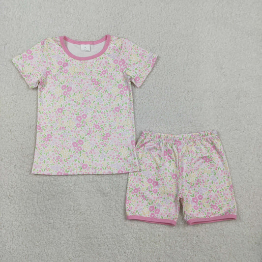 GSSO3129 Baby Girls Short Sleeve Colorful Flowers Top Shorts Pajamas Clothes Sets