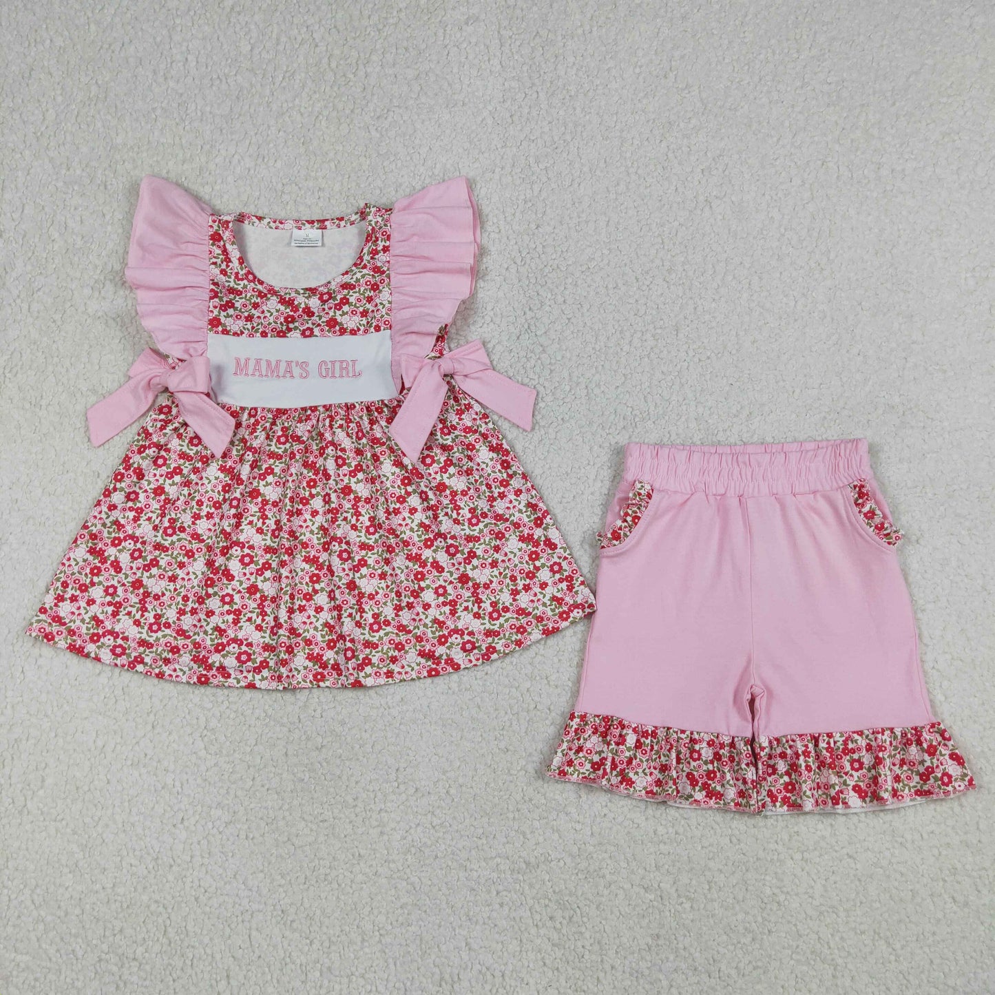 GSSO3131 Embroidery Mama's Girl Flowers Tunic Pockets Ruffle Short Clothes Set