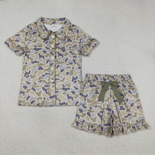 GSSO3135 Adult Women Dogs Camo Button Pocket Top Ruffle Short Hunting Pajamas Sets