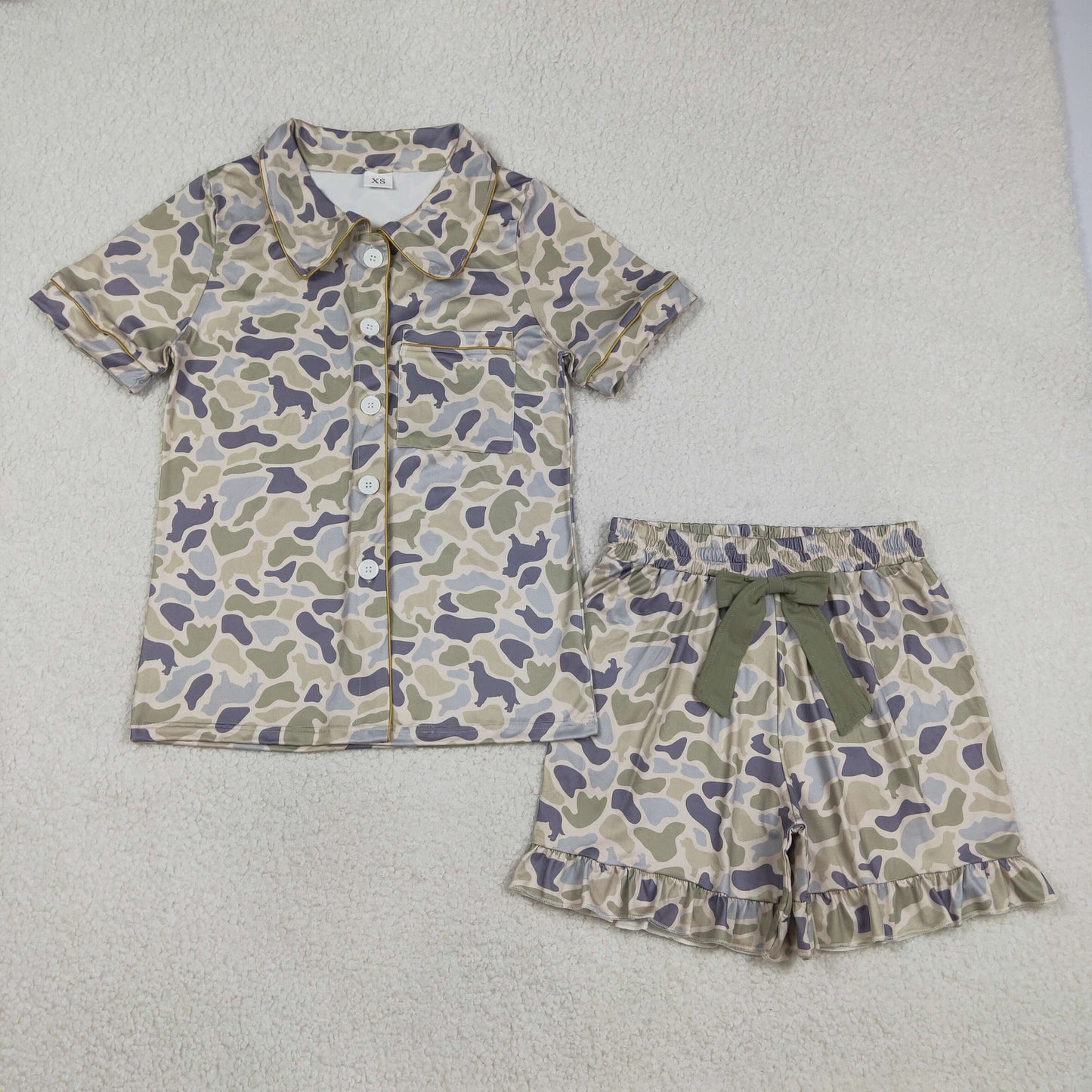 Sibling Family Mama Girls Southern Camo Bows Button Pocket Ruffle Shorts Pajamas Sets