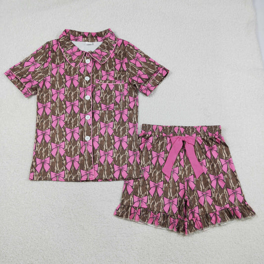 GSSO3137 Adult Women Southern Olive Camo Bows Button Pocket Top Ruffle Short Pajamas Sets