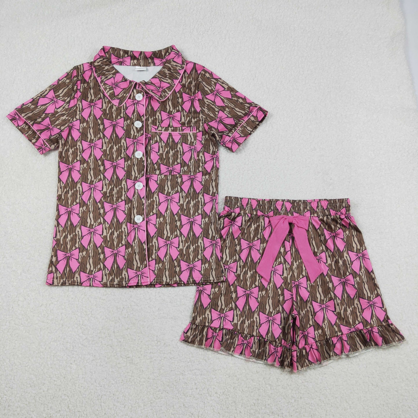 Sibling Family Mama Girls Southern Camo Bows Button Pocket Ruffle Shorts Pajamas Sets