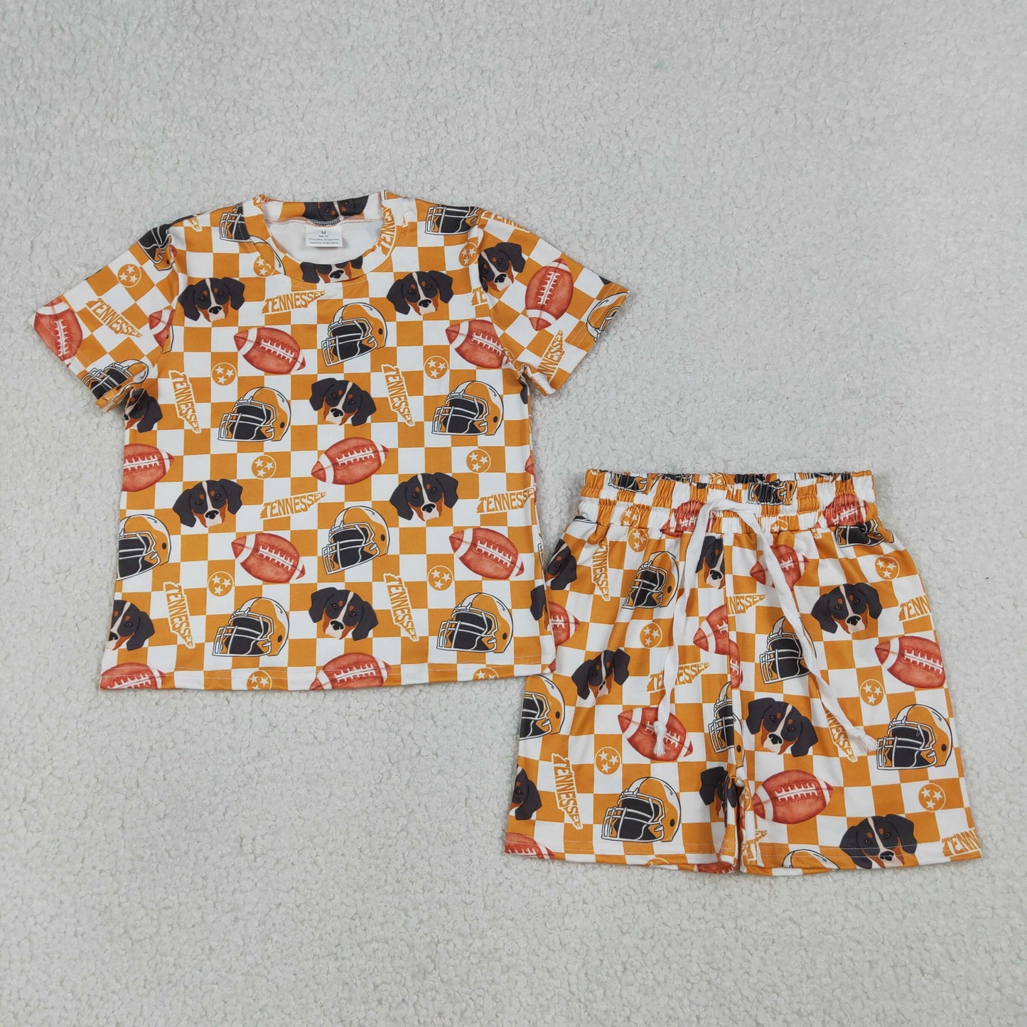 GSSO3161 Baby Girls Orange Checked Footballs Tennessee Top Short Team Clothes Set