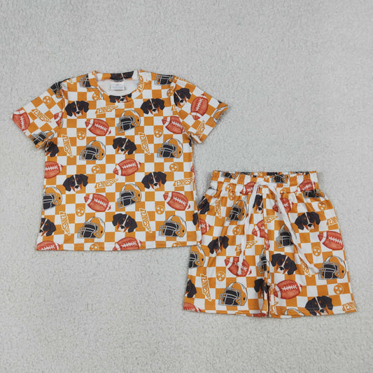 GSSO3161 Baby Girls Orange Checked Footballs Tennessee Top Short Team Clothes Set