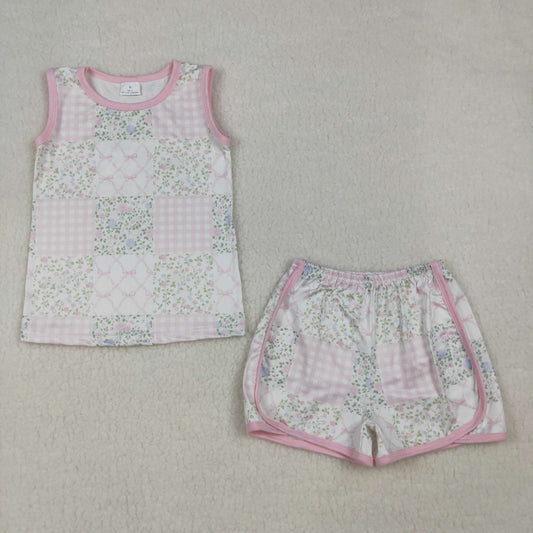 GSSO3168 Baby Girls Sleeveless Flowers Bows Top Short Clothes Set