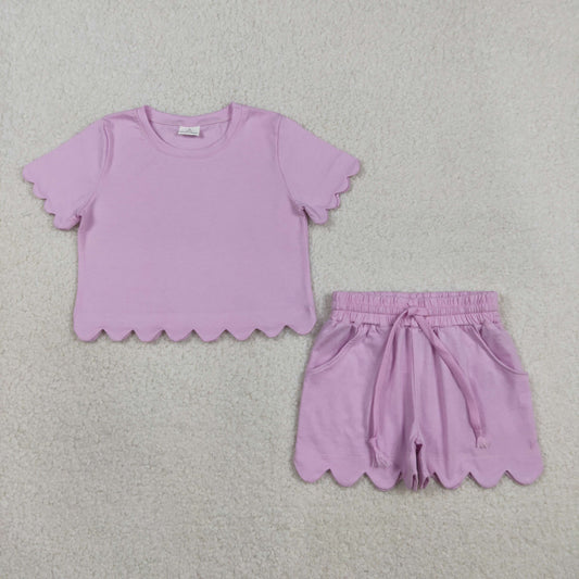 GSSO3173 Baby Girls Lavender Short Sleeve Top Pockets Scallop Short Pajamas Clothes Sets