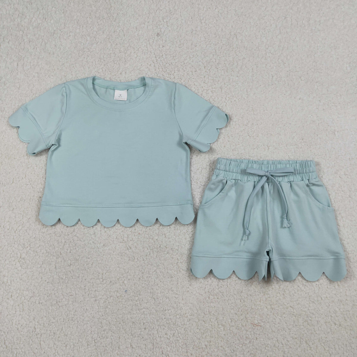 GSSO3174 Baby Girls Light Blue Short Sleeve Top Pockets Short Pajamas Scallop Clothes Sets