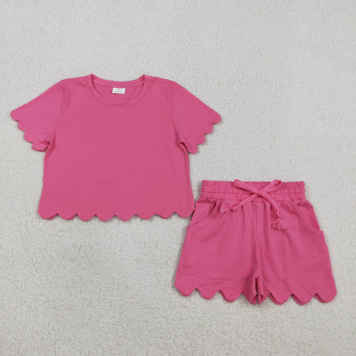 GSSO3176 Baby Girls Pink Short Sleeve Top Pockets Scallop Short Pajamas Clothes Sets