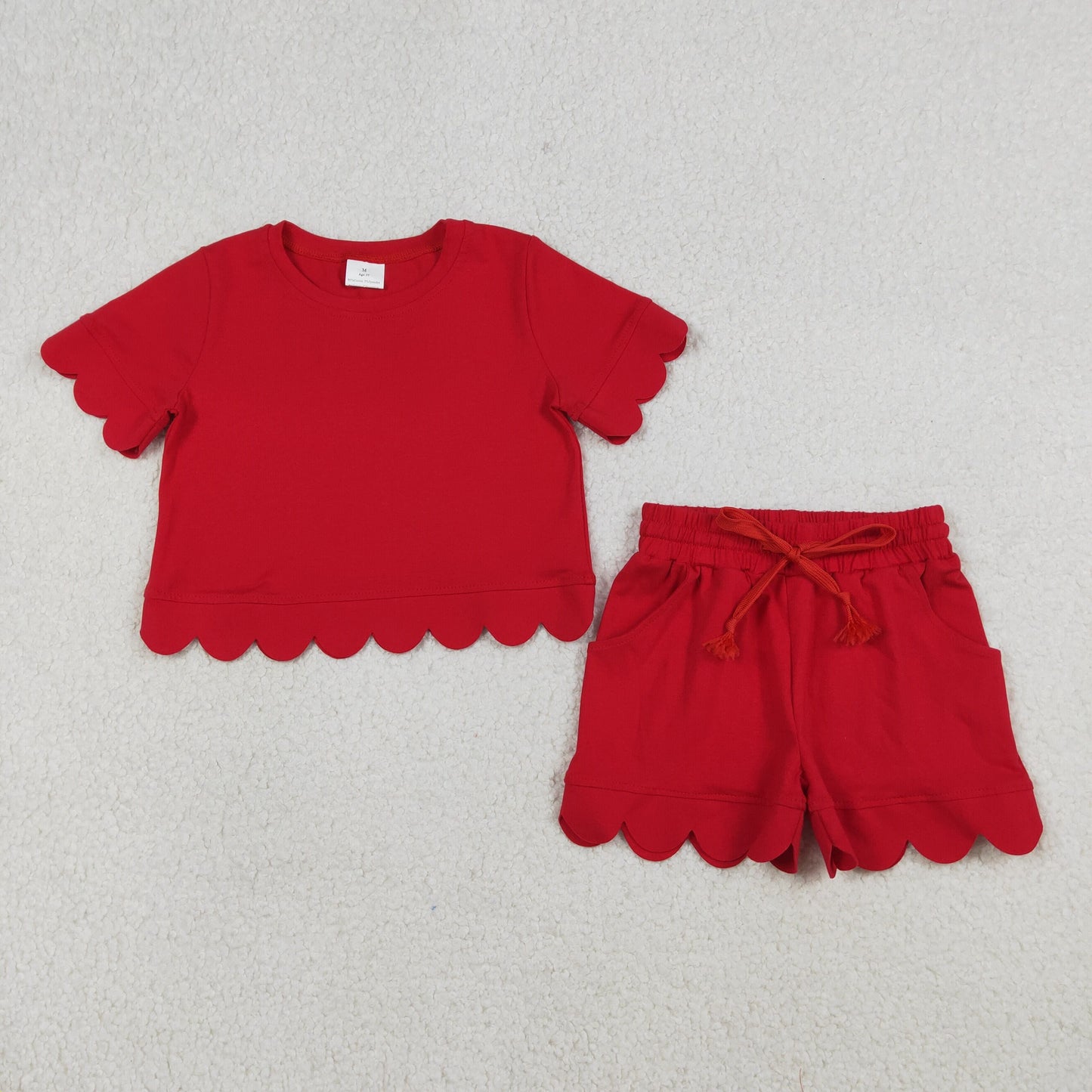 Mama and Me Girls Red Top Pockets Short Scallop Cotton Clothes Sets
