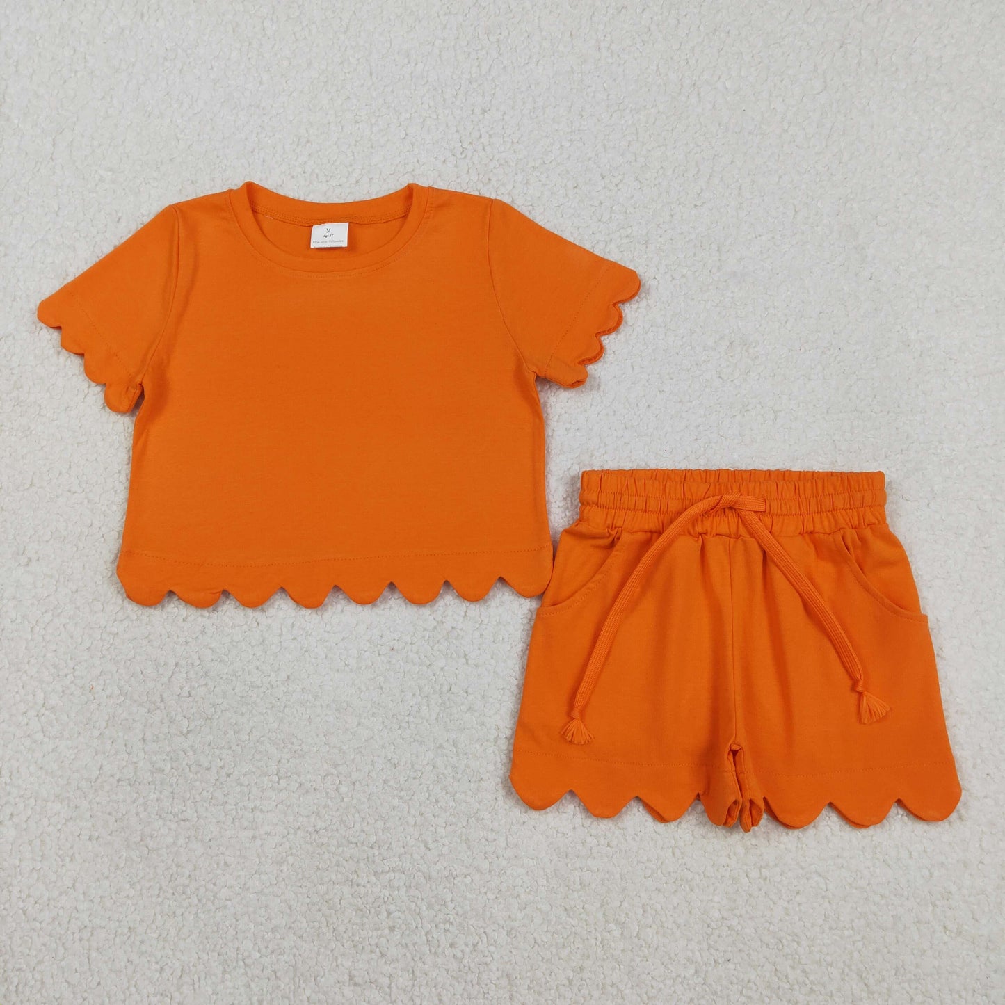 Mama and Me Girls Orange Top Pockets Short Scallop Cotton Clothes Sets