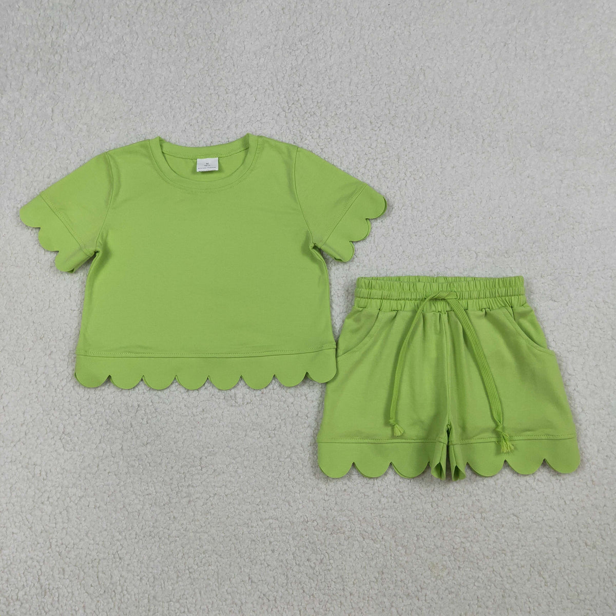 GSSO3179 Baby Girls Green Short Sleeve Top Pockets Short Pajamas Scallop Clothes Sets