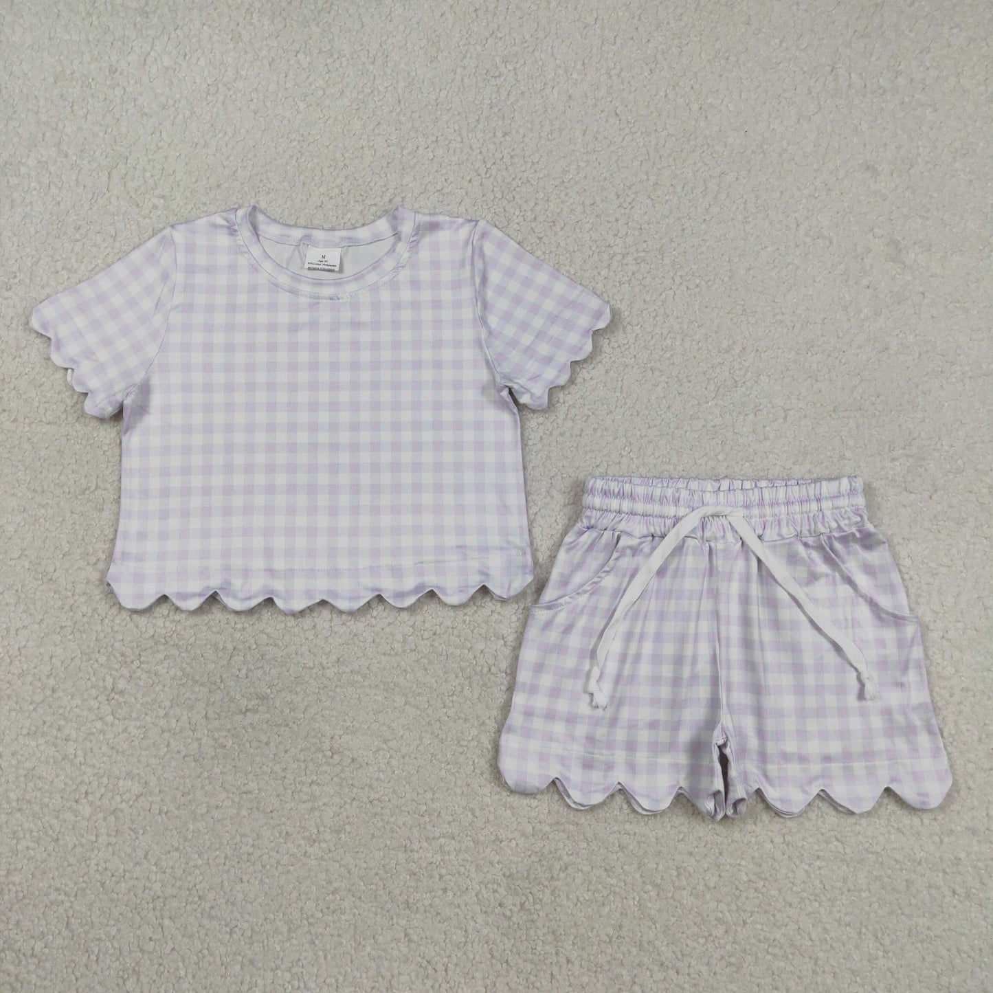 GSSO3181 Baby Girls Lavender Checked Short Sleeve Top Pockets Scallop Short Clothes Sets