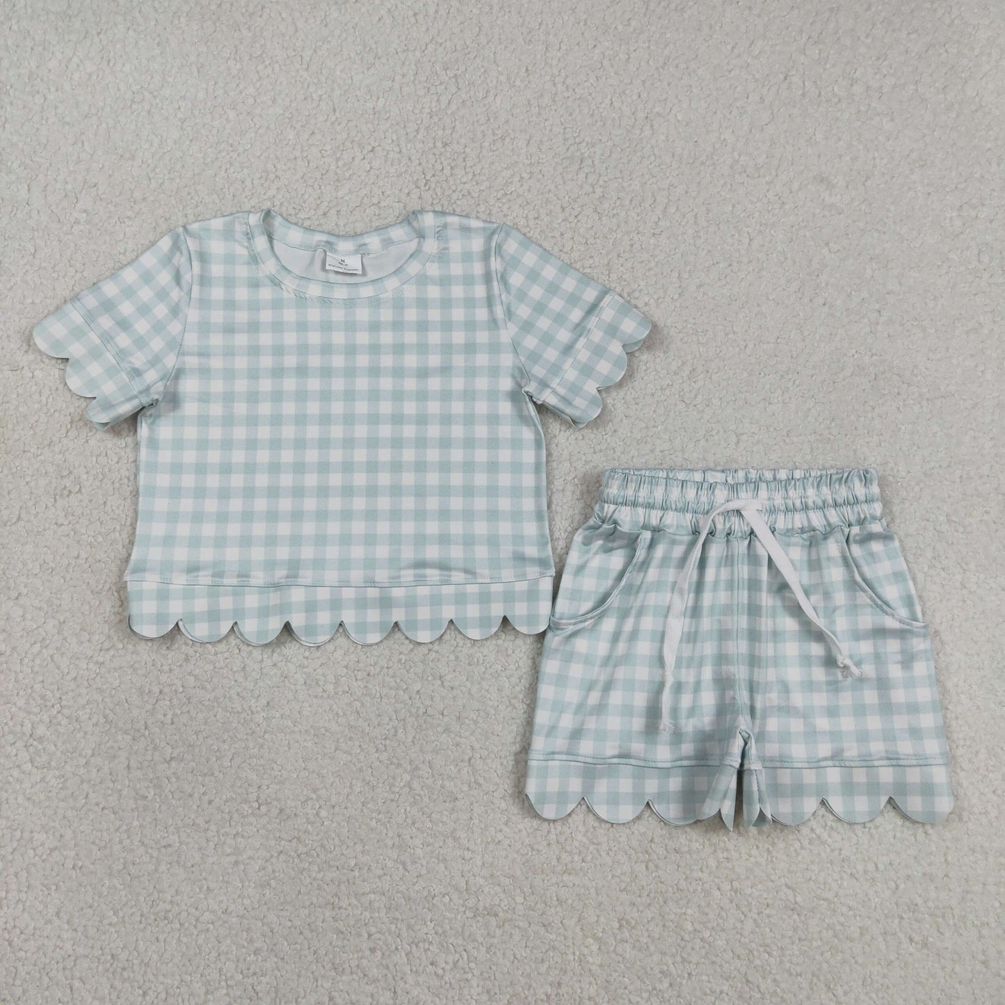 GSSO3184 Baby Girls Blue Checked Short Sleeve Top Pockets Scallop Short Clothes Sets