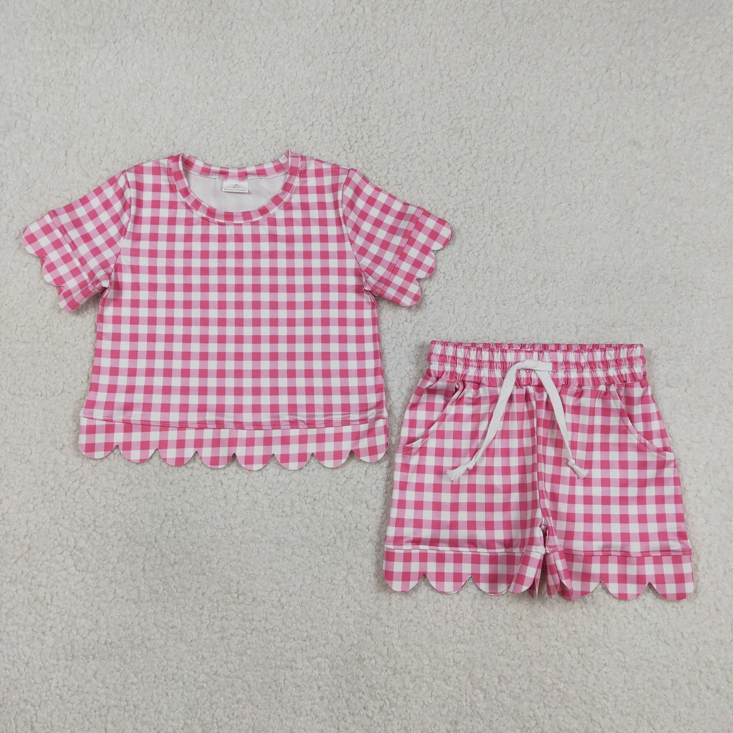 Sibling Baby Girls Colorful Checked Scallop Shirts Top Pockets Short Pajamas Clothes Sets