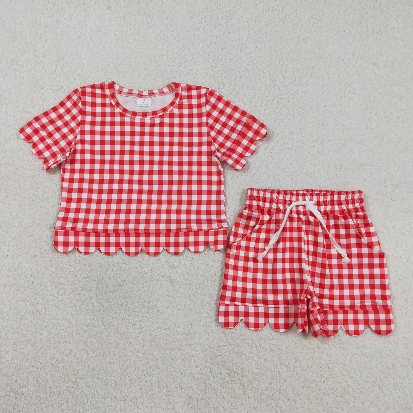 GSSO3187 Baby Girls Red Checked Short Sleeve Top Pockets Scallop Short Clothes Sets