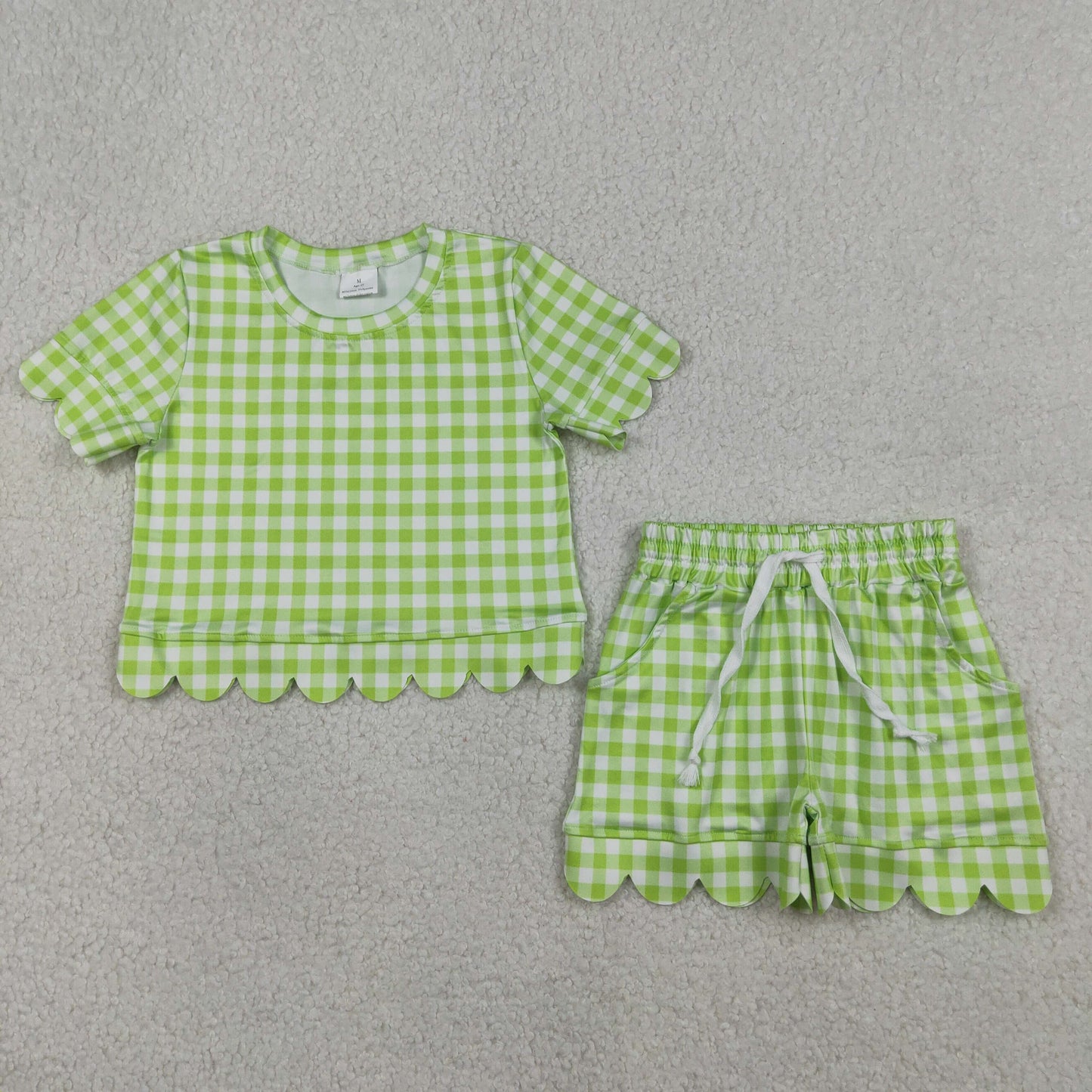 Sibling Baby Girls Colorful Checked Scallop Shirts Top Pockets Short Pajamas Clothes Sets