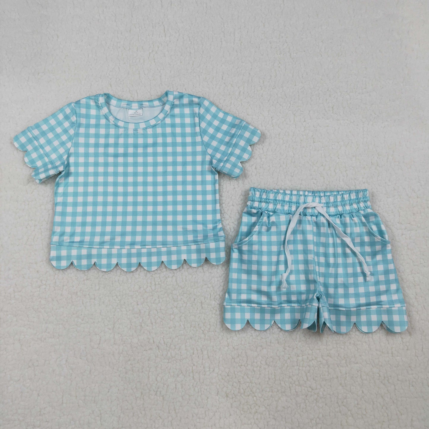 Sibling Baby Girls Colorful Checked Scallop Shirts Top Pockets Short Pajamas Clothes Sets
