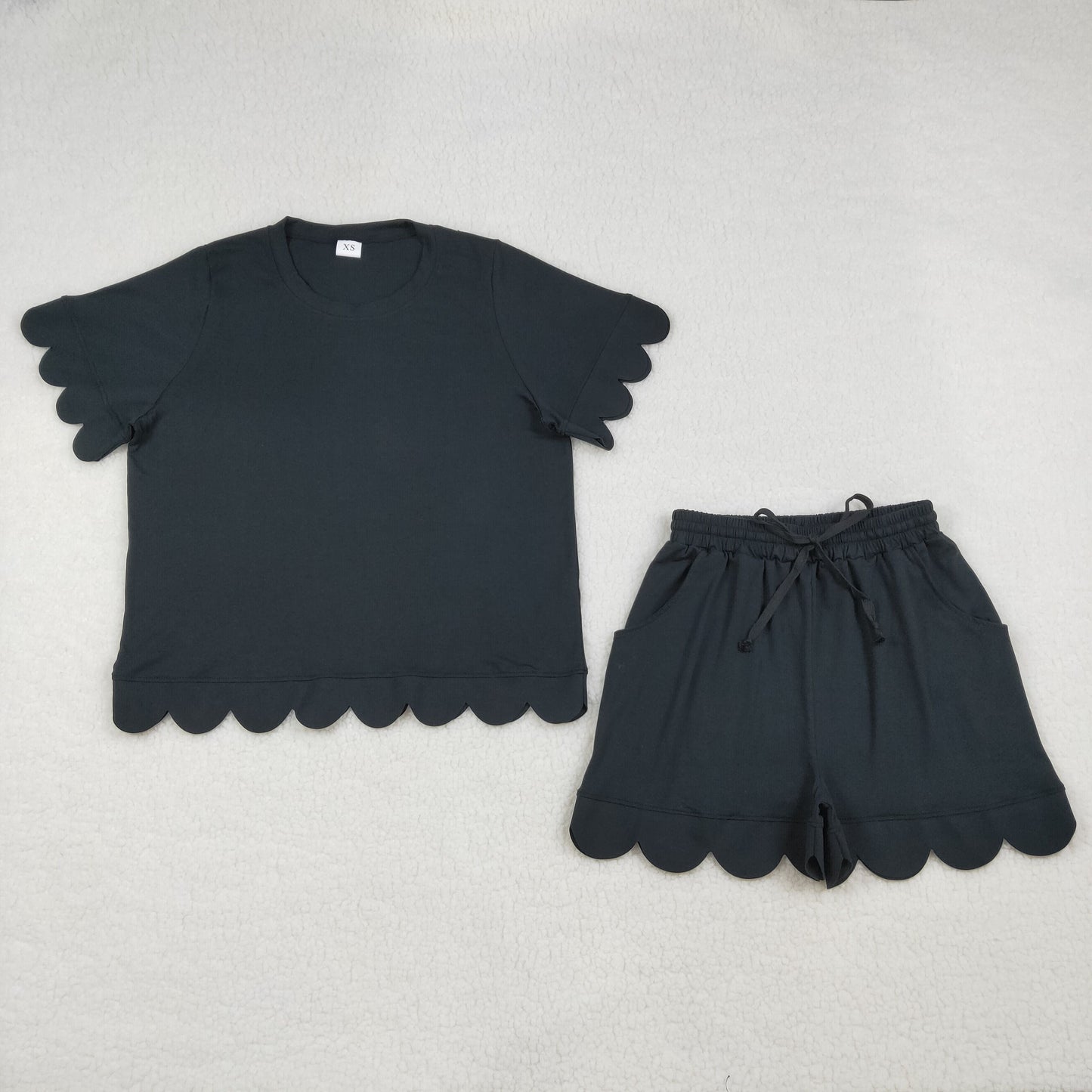 Sibling Adult Women Short Sleeve Shirts Top Pockets Short Scallop Clothes Set