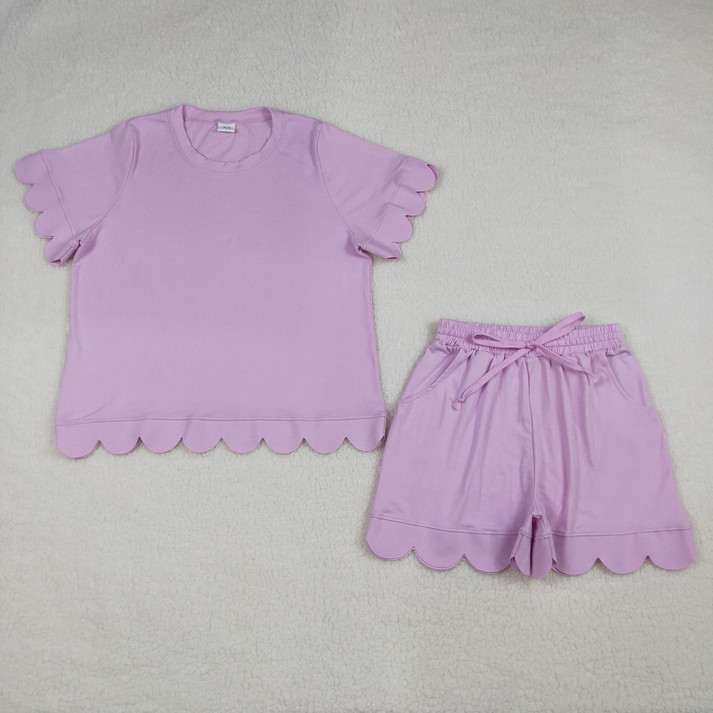 Sibling Adult Women Short Sleeve Shirts Top Pockets Short Scallop Clothes Set