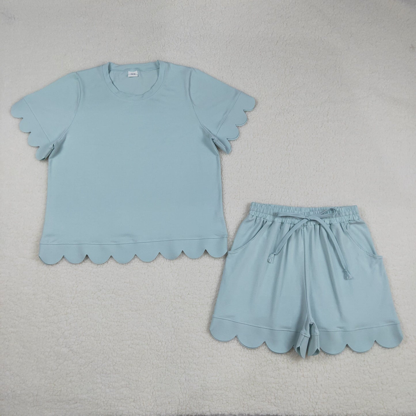 Mama and Me Girls Light Blue Top Pockets Short Scallop Cotton Clothes Sets