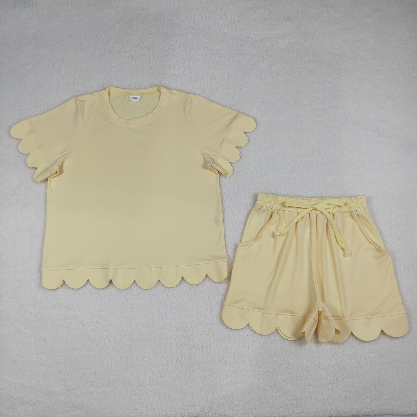 Sibling Adult Women Short Sleeve Shirts Top Pockets Short Scallop Clothes Set
