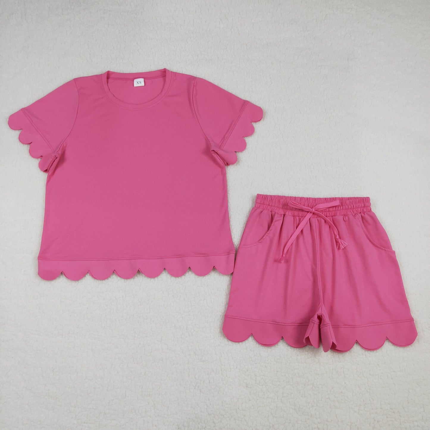 Mama and Me Girls Hot Pink Top Pockets Short Scallop Cotton Clothes Sets