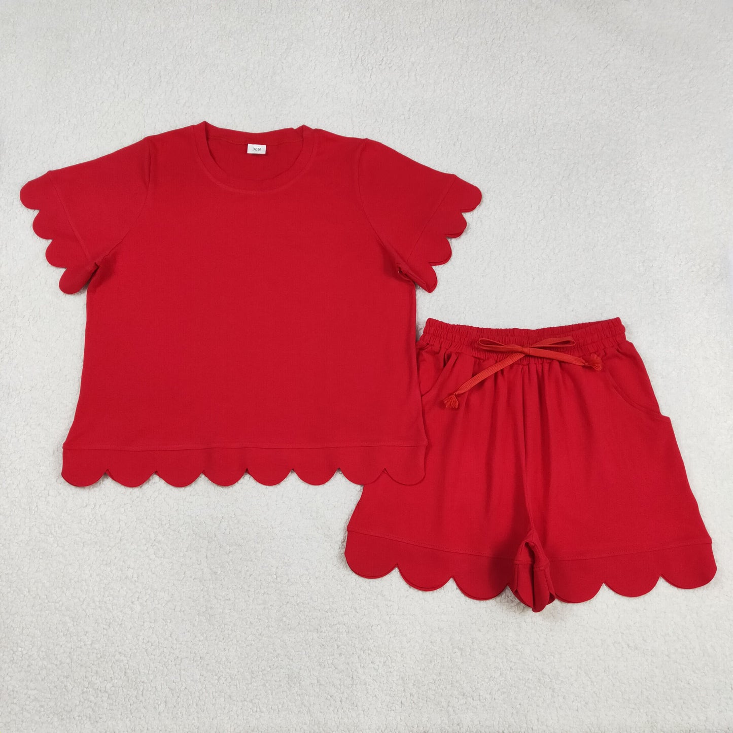 GSSO3205 Adult Women Red Short Sleeve Top Scallop Shorts Clothes Set