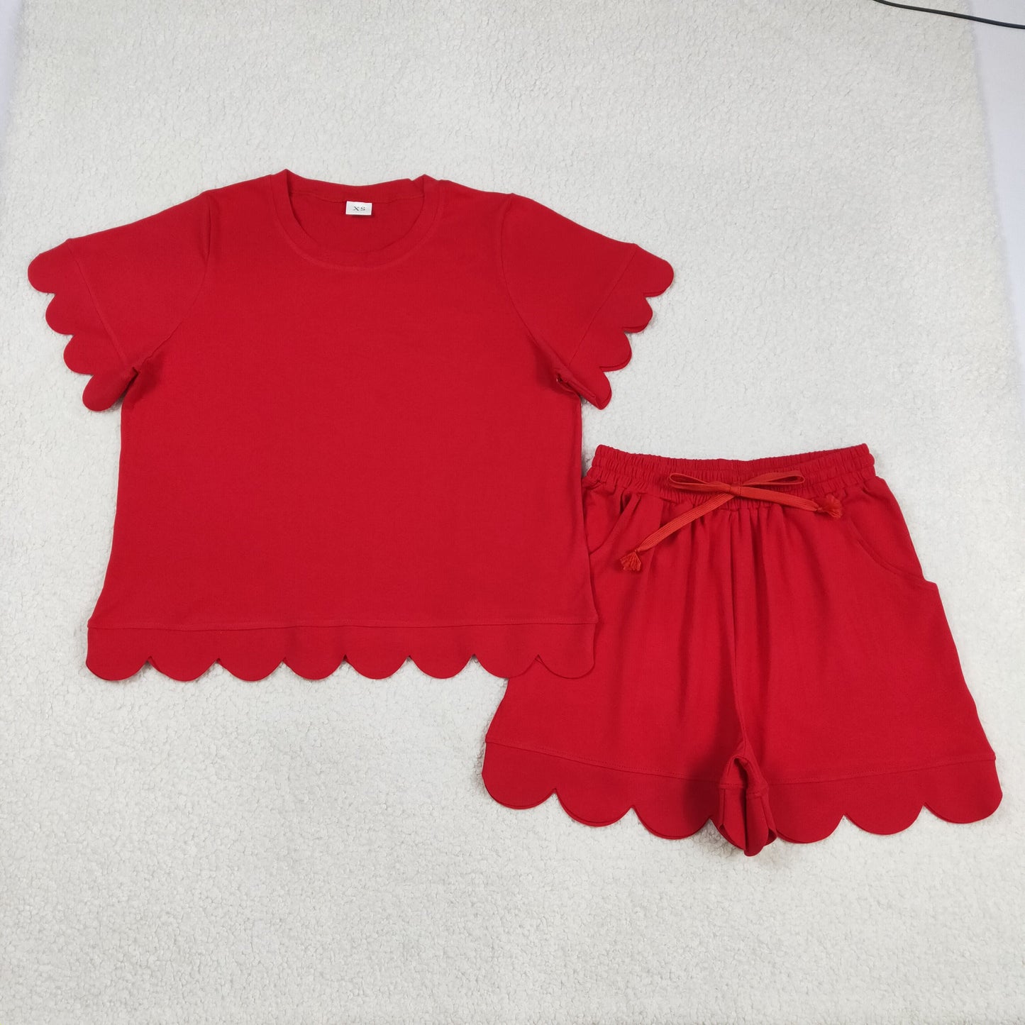 Mama and Me Girls Red Top Pockets Short Scallop Cotton Clothes Sets