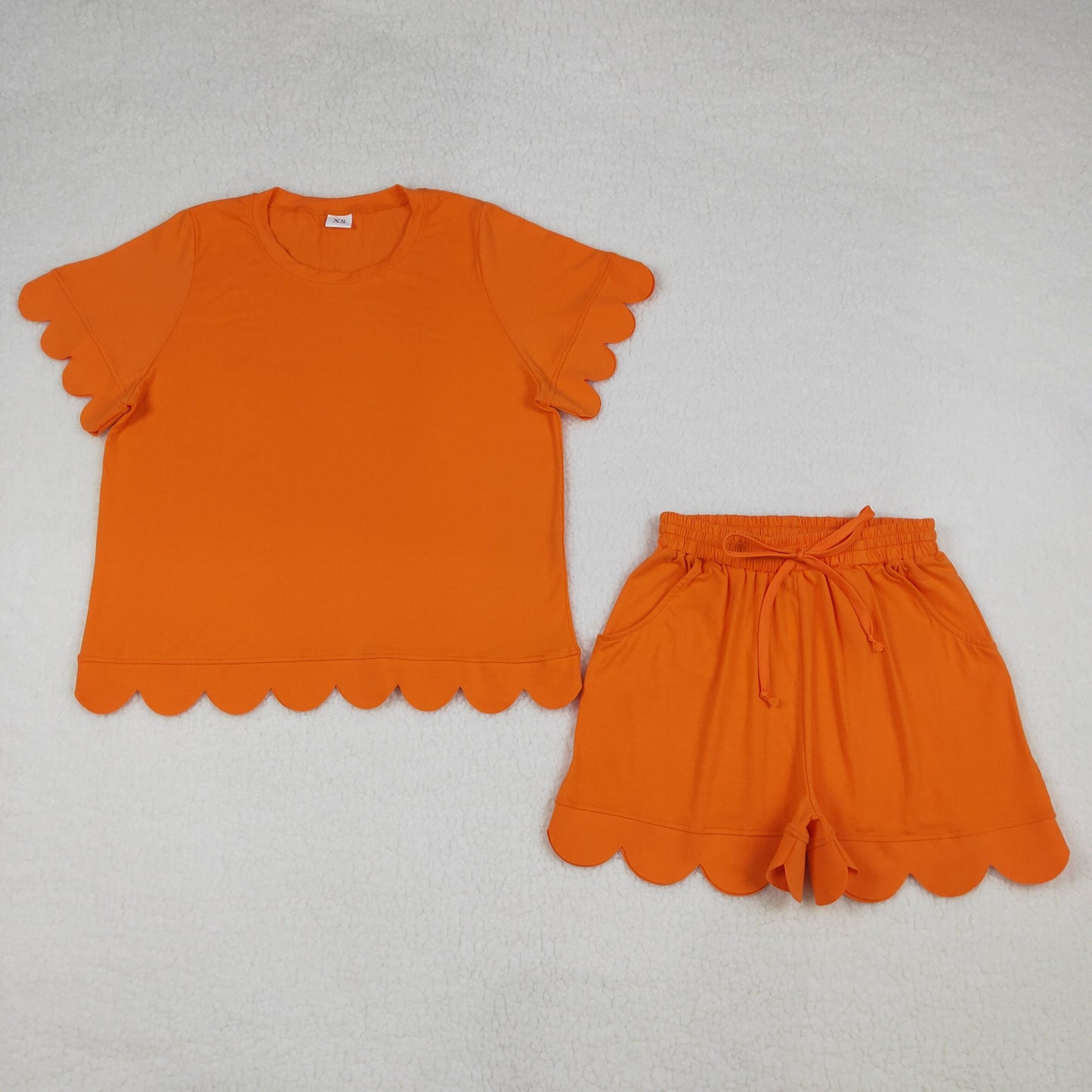 Mama and Me Girls Orange Top Pockets Short Scallop Cotton Clothes Sets