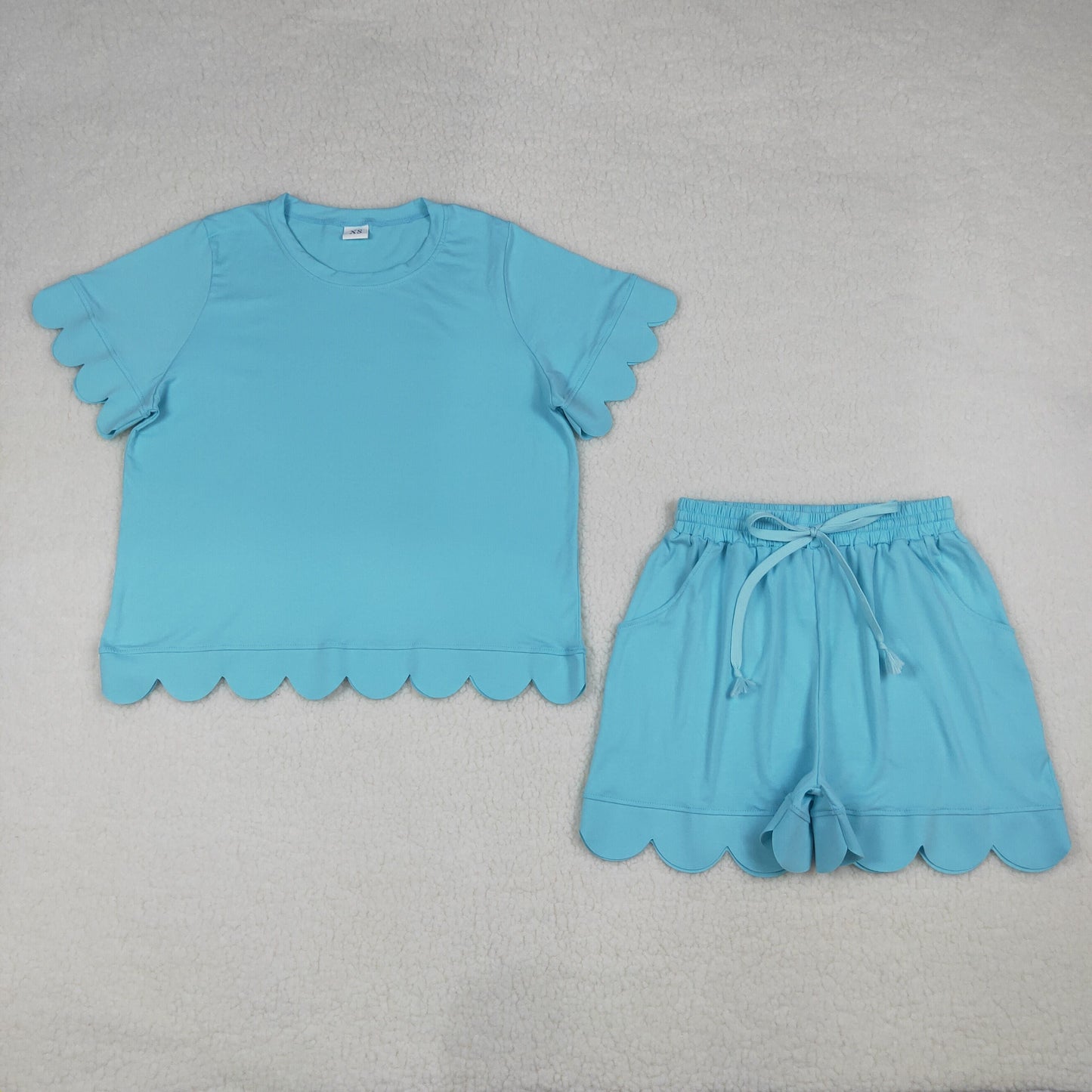 Mama and Me Girls Blue Top Pockets Short Scallop Cotton Clothes Sets