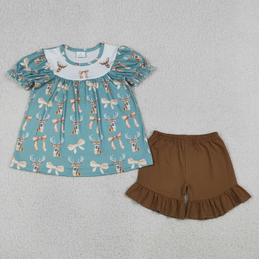 GSSO3212 Baby Girls Short Sleeve Bows Deer Tunic Ruffle Short Hunting Clothes Set