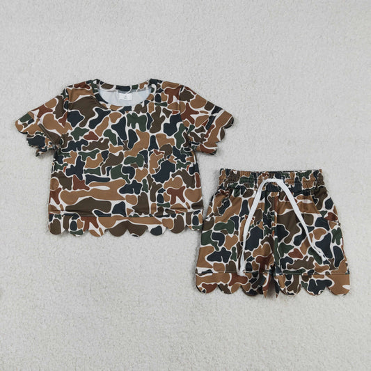 GSSO3228 Baby Girls Southern Dark Brown Camo Top Pockets Scallop Short Clothes Sets