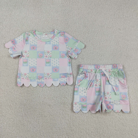 GSSO3229 Baby Girls Colorful Flowers Checked Top Pockets Scallop Short Clothes Sets