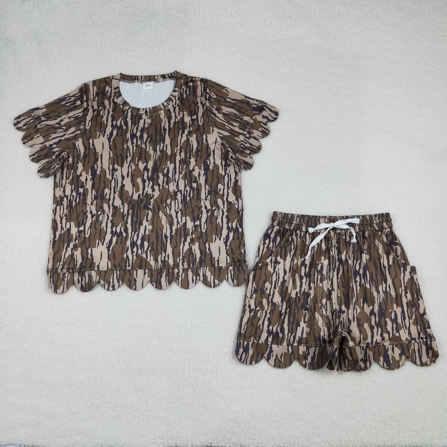 Sibling Adult Women Southern Camo Shirts Top Pockets Short Scallop Clothes Set